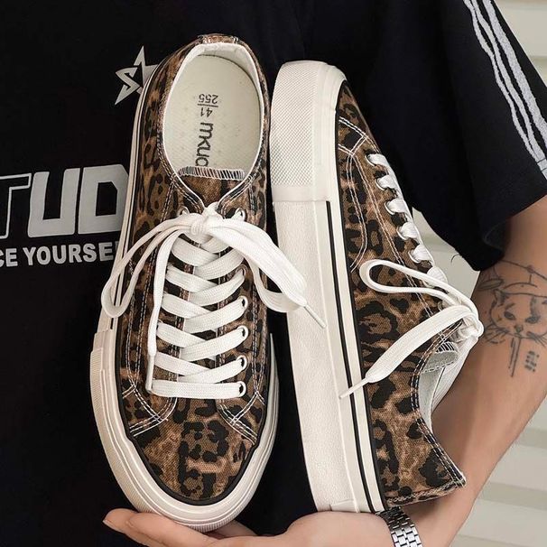 Men’s Leopard Print Canvas Sneakers, Thick Sole Platform Shoes, American Streetwear Fashion American Street Style Platform Sneakers_vogvips.com