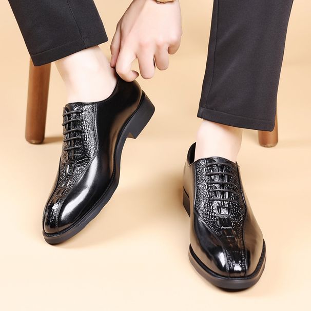 Men's business dress leather shoes Leather alligator print groom wedding shoes men's shoes_vogvips.com