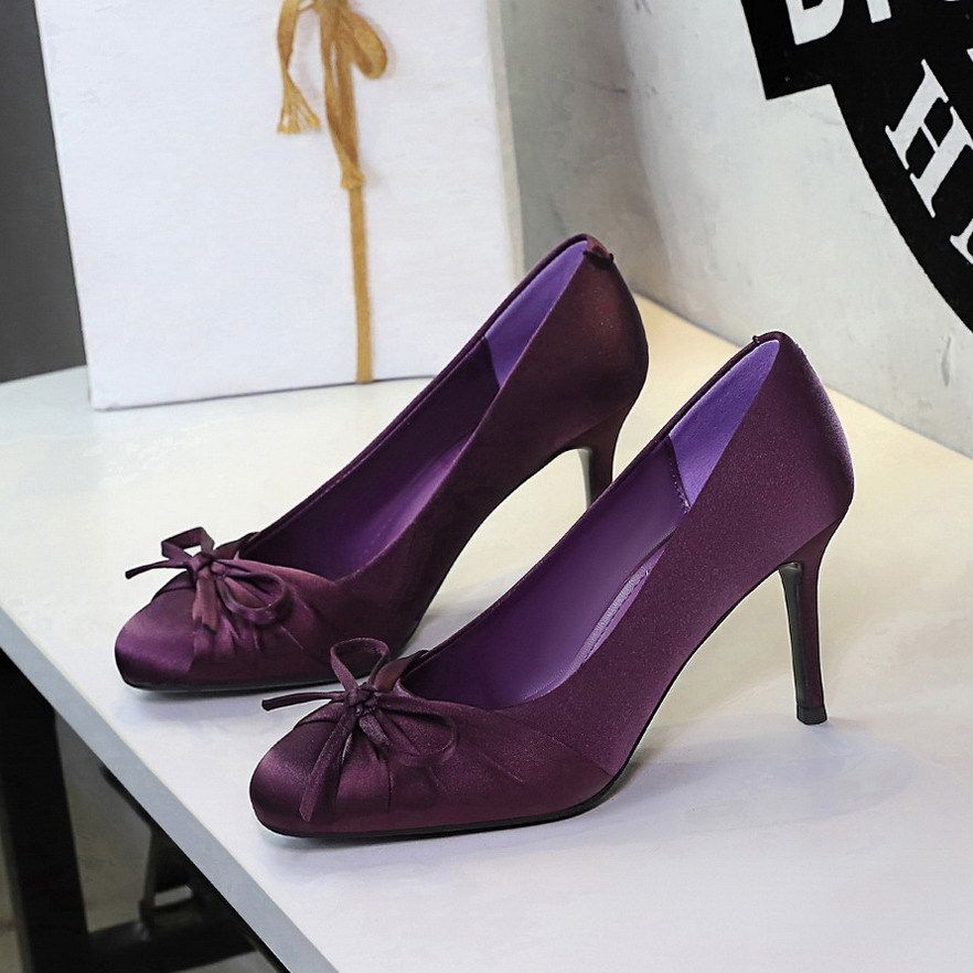 Women's Stiletto Heel Pumps French Style Elegant High Heeled Slip On Shoes With Round Toe Low Cut Design And Bow Perfect For A Sophisticated Evening Occasion_vogvips.com