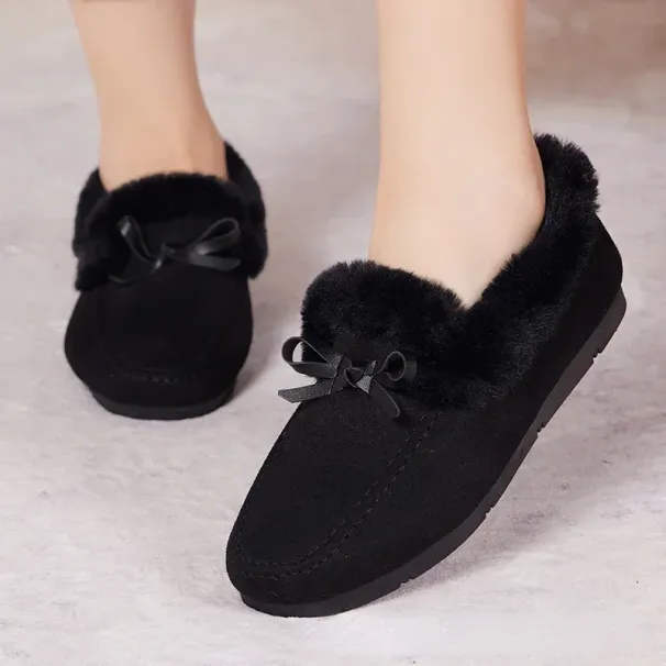 Women Winter Casual Shoes New Moccasins Soft Flat Non Slip Loafers Fashion Comfort Warm Plush Bow Slip On Female Cotton_vogvips.com