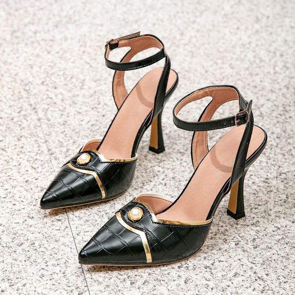 Black Alligator Pointed Sandals Metal Trim Pearl Buckle Sexy Stiletto High Heels_vogvips.com