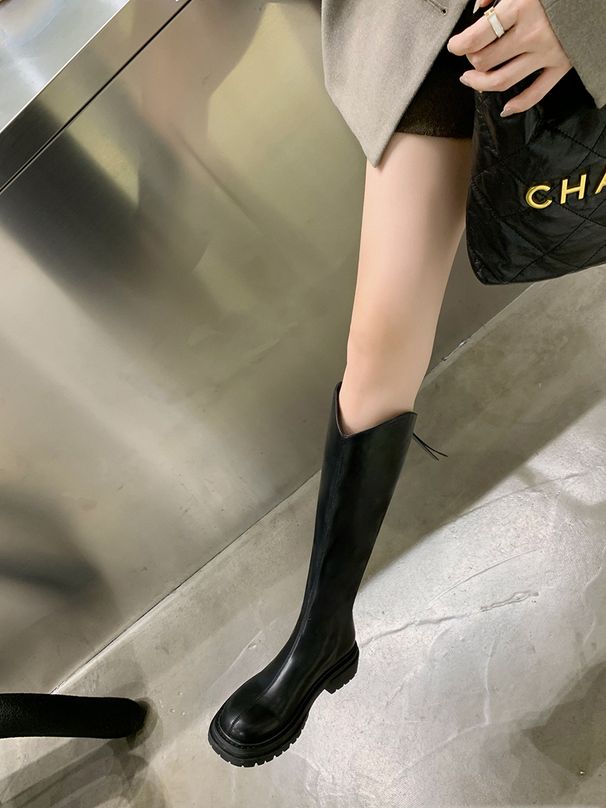 Grape Mom Style V-Cut Long For Women, Autumn And Winter, Fleece-Lined, Round Toe, Chunky Heel, Mid-Calf, High Boots,_vogvips.com