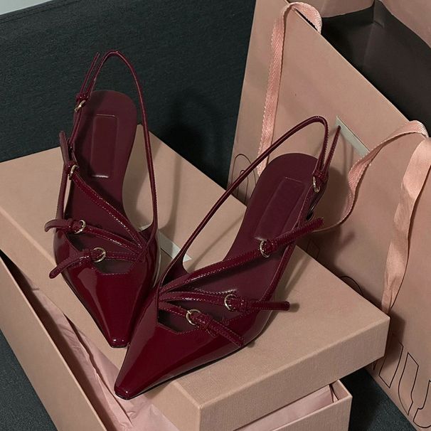2024 New Style Peep Patet Leather Akle Strap Cat Heel Sadals Sexy Black Silk Poited Toe Stiletto High Heels For_vogvips.com