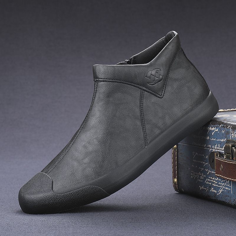Euro Step Shanbu New Boots Slip-On British Style Mid-Top Autumn Men's Casual Leather Trendy Shoes_vogvips.com