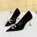 1818-K79 Banquet High Heels Korean Style Women's Xishi Velvet Shallow Mouth Pointed Toe Metal Pearl Rhinestone Buckle_vogvips.com