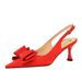 3716-H25 Fashion Pedicure Korean Style Women's Satin Shallow Mouth Pointed Toe High Heels Hollow Back Strap Bowknot_vogvips.com