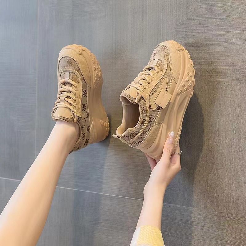 Women's Lace-Up Casual Sports Shoes Thick Sole Height-Increasing Outdoor Chunky Sneaker Vacation Breathable Student Shoes, Flat-Bottomed Walking Shoes_vogvips.com