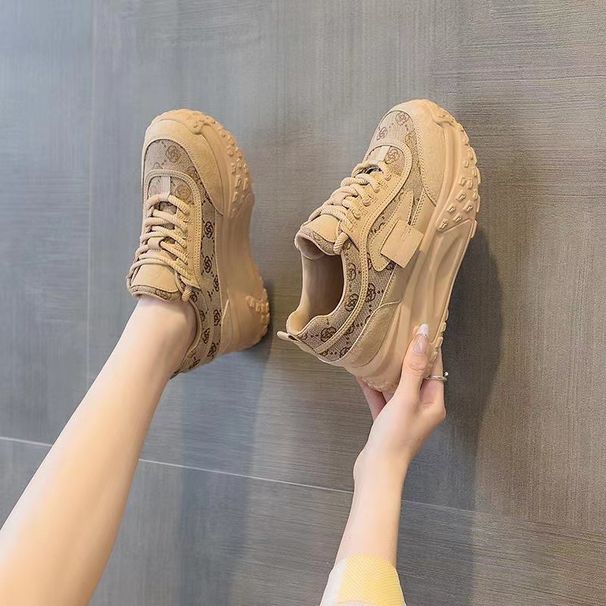 Women's Lace-Up Casual Sports Shoes Thick Sole Height-Increasing Outdoor Chunky Sneaker Vacation Breathable Student Shoes, Flat-Bottomed Walking Shoes_vogvips.com