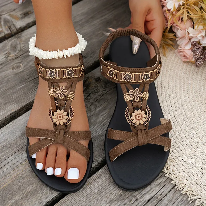 Flower Beaded Bohemian For Women Summer 2025 Roman Style Comfortable Flat Sandals Woman Lightweight Non Slip Beach Shoes_vogvips.com