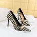 9283-1 European And American Style Houndstooth High Stiletto Heels Shallow Mouth Pointed Toe Pearl Chain Plaid Women's_vogvips.com