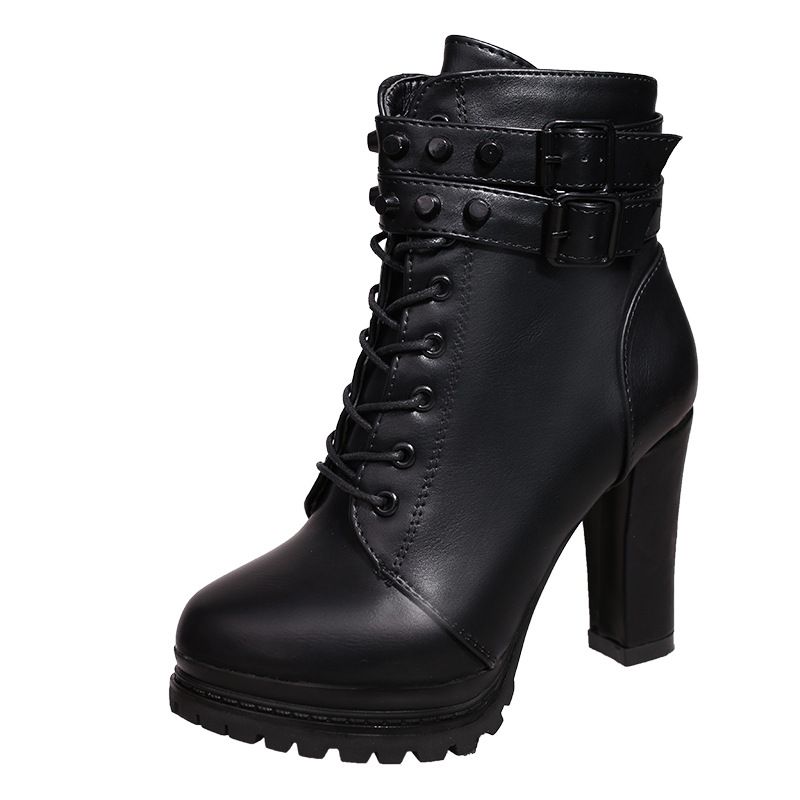 Women's Chunky Heel Fashion Boots European American Style Winter Side Zipper Short Studded Belt Buckle High Heeled Cowboy Boots_vogvips.com