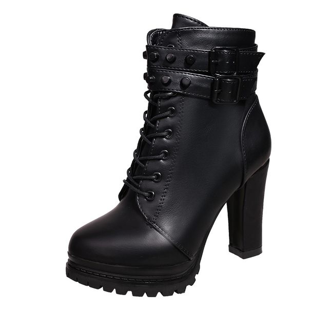Women's Chunky Heel Fashion Boots European American Style Winter Side Zipper Short Studded Belt Buckle High Heeled Cowboy Boots_vogvips.com