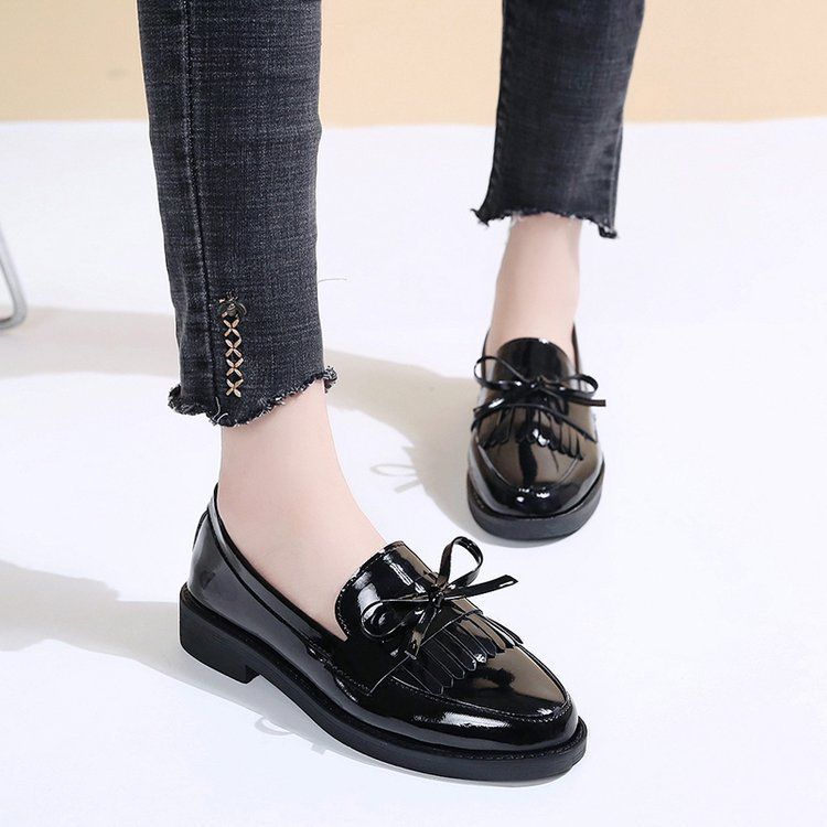 Chunky Heel Single For Women 2024 Spring And Autumn New Women's With Bowknot Small Leather Shoes Student Tassel Loafers_vogvips.com