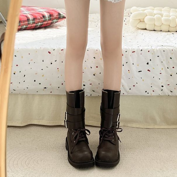 ShouShou Autumn Winter 2025 New Short British Style Chunky Heel Motorcycle Martin Women Thick Sole Mid-Calf Boots_vogvips.com
