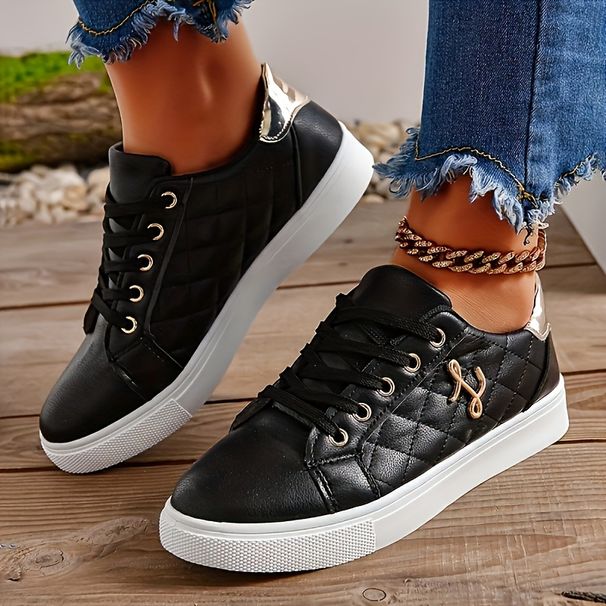 Fashion Lightweight Women's Sneakers - Black, White And Gold Embellished, Lace-Up Low-Top Casual Shoes For All Seasons_vogvips.com
