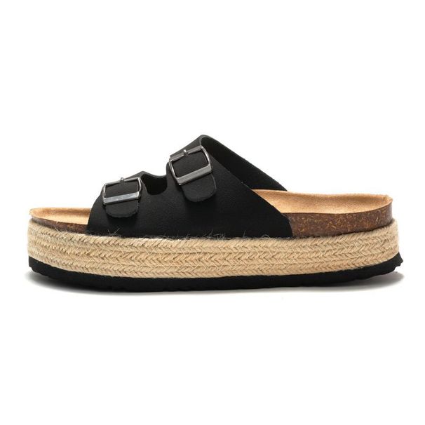 RUIZUSTOCK Taupe Suede Look Platform Cork Sandals Adjustable Buckle Jute Espadrille Summer Wedge Slides_vogvips.com
