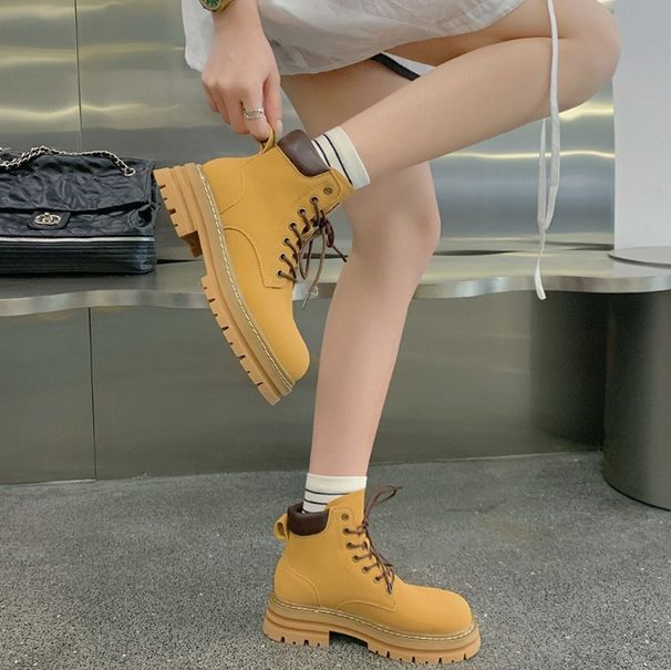 Grape Mom 2024 Autumn Martin Lace-up Women's Bumblebee Thick Heel Round Toe Boots Waterproof Typhoon_vogvips.com