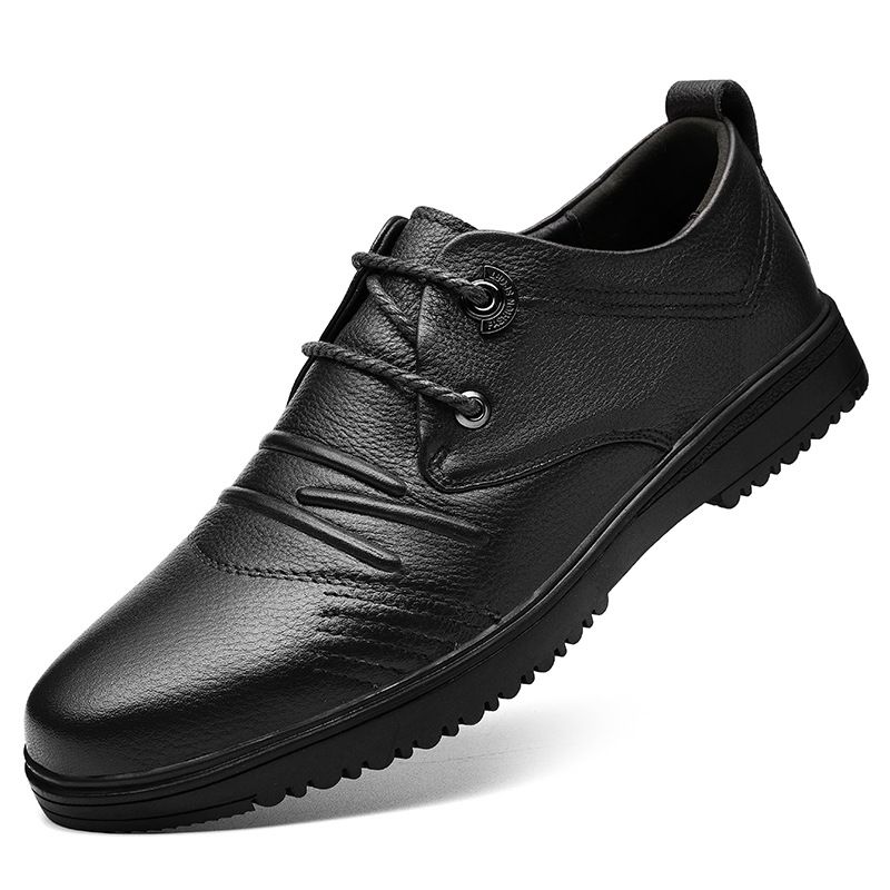 Men's Round Head Casual Shoes Single Shoes Men's Leather Shoes Splicing Lace-up Shallow Mouth Men's Shoes_vogvips.com