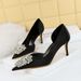 3165-AK11 Korean Fashion Banquet Thin High Heel Shallow Mouth Pointed Silk Side Hollow Diamond Button Women's Single_vogvips.com