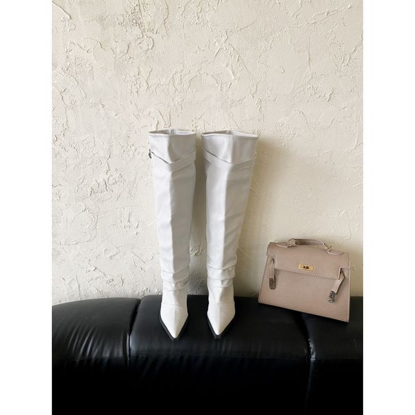 Newan American Style Pointed Toe Long Boots With Vintage Belt Buckle And Wide Shaft_vogvips.com