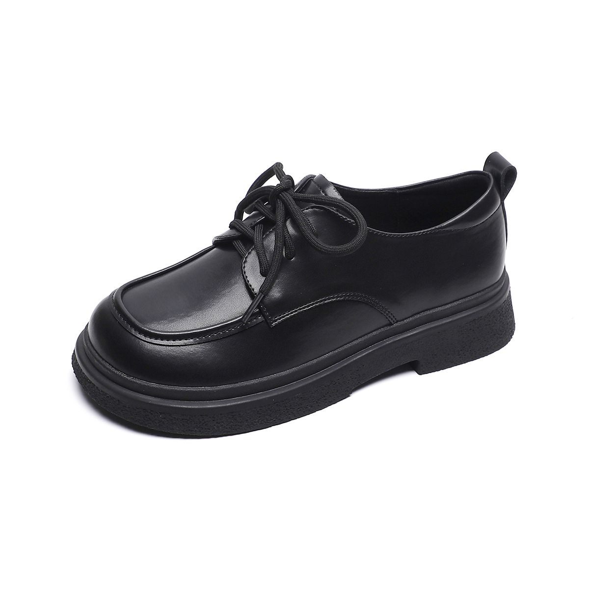 Black Lace-up Small Leather Shoes Women's College Style Platform Loafers Retro Soft-soled Single Shoes_vogvips.com