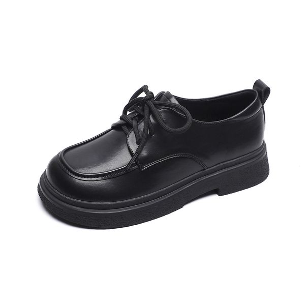 Black Lace-up Small Leather Shoes Women's College Style Platform Loafers Retro Soft-soled Single Shoes_vogvips.com