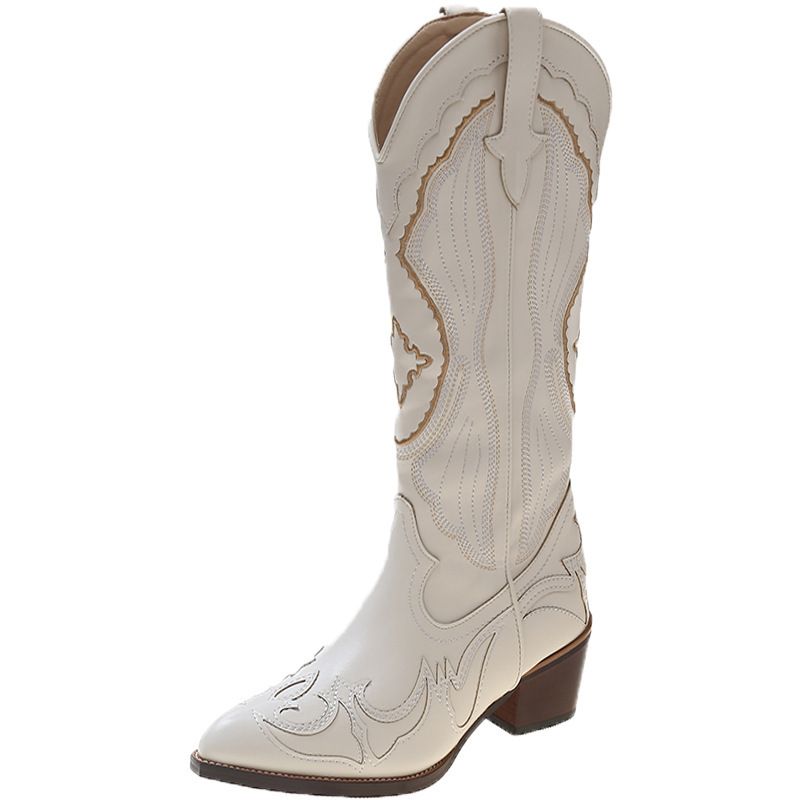 Women's Shoes Long Boots Mid Calf Knight Boots High Calf Plus Fat Beige Pointed Toe Autumn And Winter New High End V Neck Women_vogvips.com