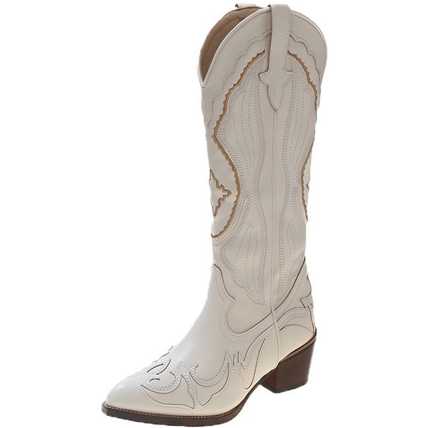 Women's Shoes Long Boots Mid Calf Knight Boots High Calf Plus Fat Beige Pointed Toe Autumn And Winter New High End V Neck Women_vogvips.com