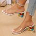 Water Diamond Coarse Heel Pattern One Line High Heels Cool Slippers For Women's Fashion Outerwear, Color Blocked, Follow_vogvips.com