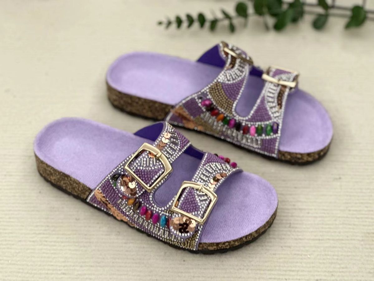 Women's Shoes Fashion Double Buckle Sequin Diamond Flat Slippers Large Size Outdoor Beach Cork Slippers_vogvips.com