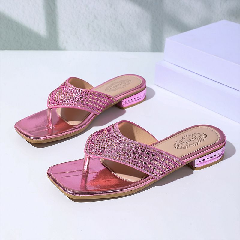 Elegant Square Toe Platform Flip Flops For Women Soft Sole Comfortable Rhinestone Decor Casual Summer Style Multi-color_vogvips.com