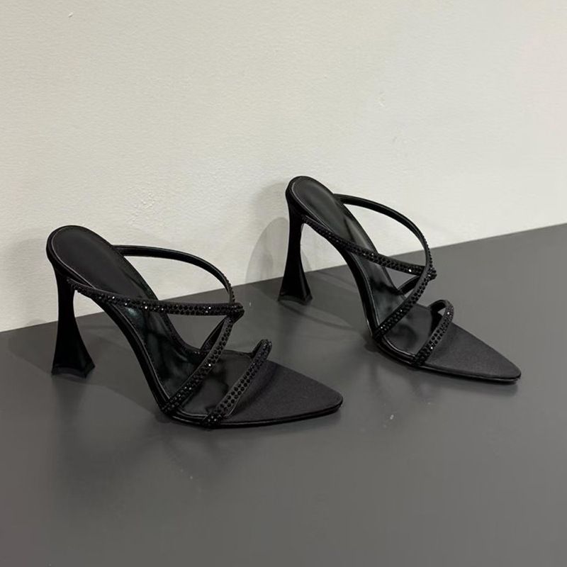 Summer Black Rhinestone Criss-cross Strap Pointed-toe Stiletto Sandals - Women's Commute-ready, Versatile, Slimming, And Elegant High Heels_vogvips.com