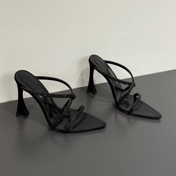 Summer Black Rhinestone Criss-cross Strap Pointed-toe Stiletto Sandals - Women's Commute-ready, Versatile, Slimming, And Elegant High Heels_vogvips.com