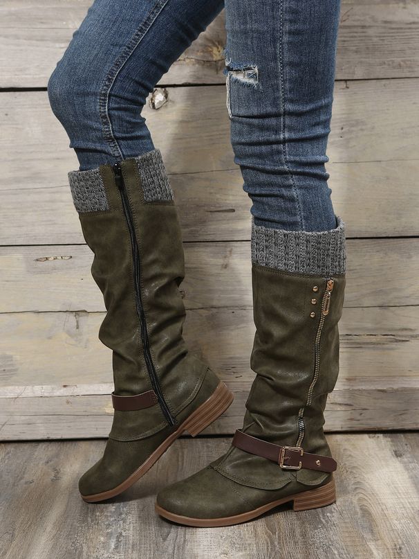 Women's Knee High Boots Side Zipper Chunky Low Heel Knight Boots_vogvips.com