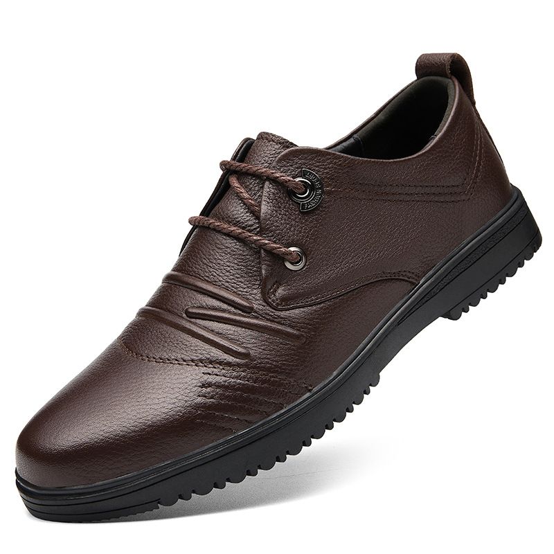 Men's Round Head Casual Shoes Single Shoes Men's Leather Shoes Splicing Lace-up Shallow Mouth Men's Shoes_vogvips.com