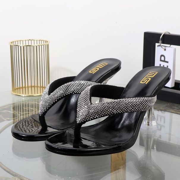 2024 Autumn Round Toe Thong Sandals Heels Transparent Heel Rhinestone Outdoor High Appearance Fashion Large Size Women's_vogvips.com