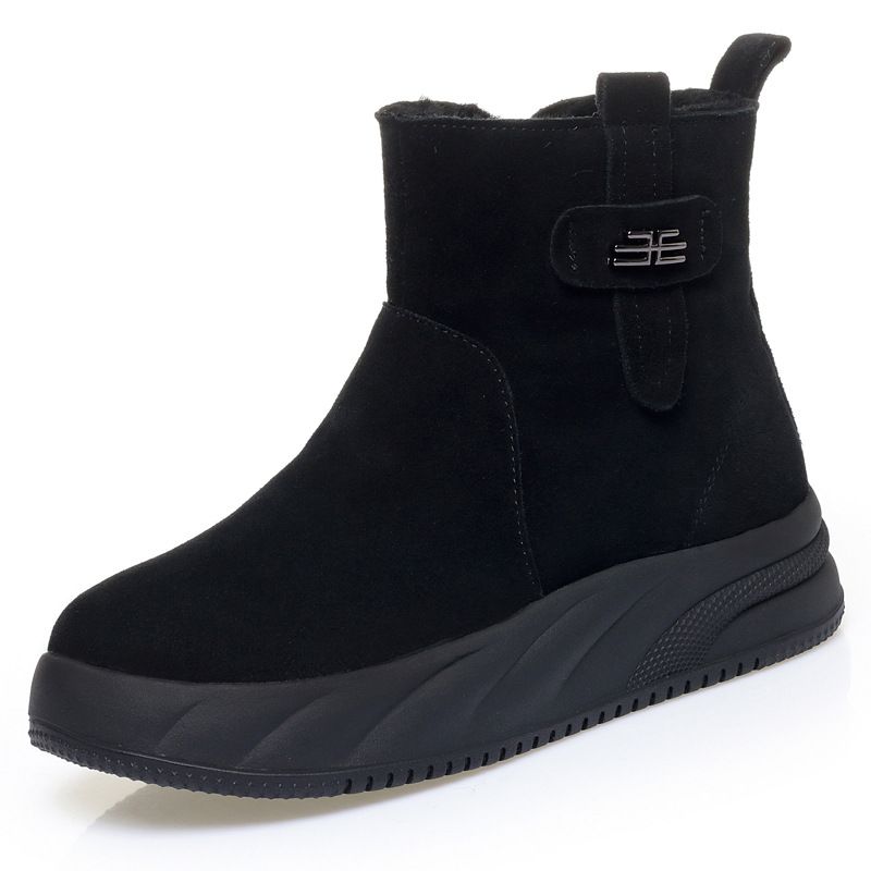 Women's Winter Soft Leather Cotton Shoes, Snow Boots, Flat Bottomed Non Slip Cotton Boots, Comfortable And Plush, Thick Wool, Thick Soled Short Boots_vogvips.com