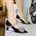 2905-H72 Korean Style Light Luxury Pointed Toe Wedge Strap Rhinestone Bow Decoration Color Block Design High Heel Shoes_vogvips.com