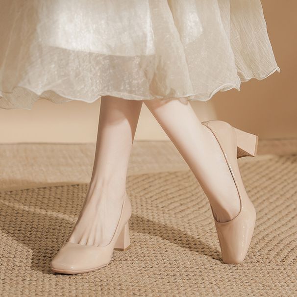 French-style Nude-colored New Versatile Square-toe High-heeled Shoes With Thick Heels For Casual Wear. Leather Shoes With A Shallow Toe For Women_vogvips.com