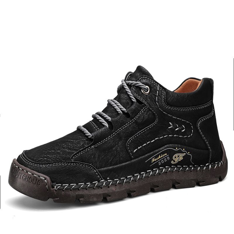 Men's Work Shoes Winter Fleece-Lined Warm Mid-Top Cotton Shoes Soft Sole Stitched Non-Slip Outdoor Casual Men's Shoes_vogvips.com
