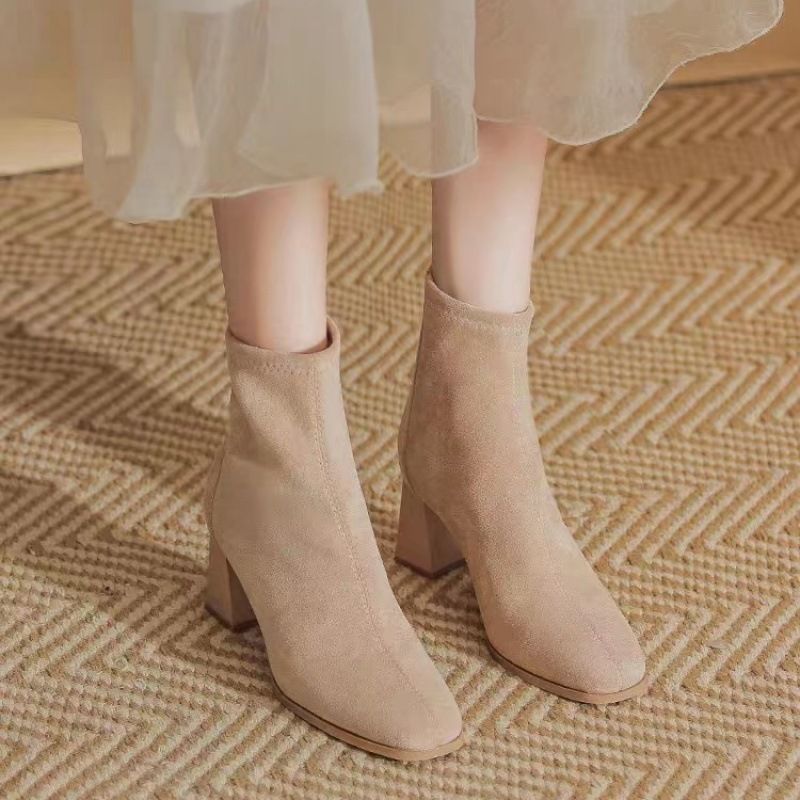 Heels French Style Chunky Ankle 2023 New Autumn Suede Square Toe High Heel Nude Boots For Women_vogvips.com