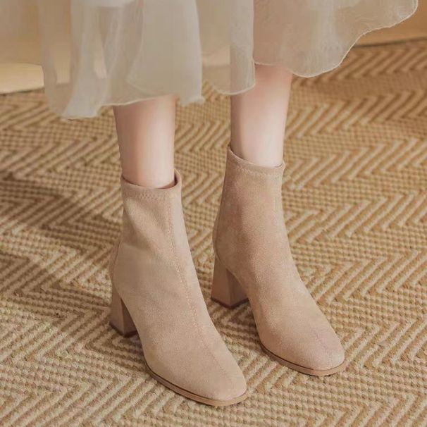 Heels French Style Chunky Ankle 2023 New Autumn Suede Square Toe High Heel Nude Boots For Women_vogvips.com