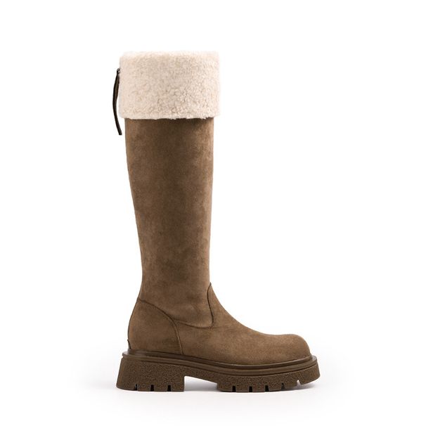 Grape Mom Same Style Height Increase 6cm~ Warm Fleece Lined Long Thick Heel Suede Riding Women Snow Boots_vogvips.com