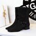 9625-2 Women's Western With Square Toe, Buckle, Mid-Heel, Chunky Heel, Suede, Vintage, Slim, Fashionable Mid-Calf Short_vogvips.com