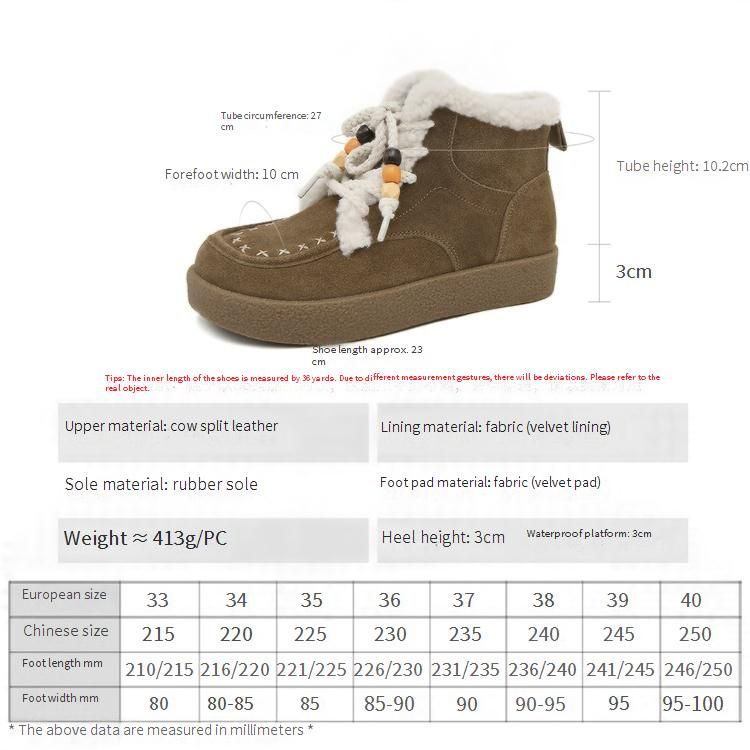 Cameido Women's Faux Fur Beaded Lace Up Flat Short Snow Boots With Lining Kangaroo Leather_vogvips.com