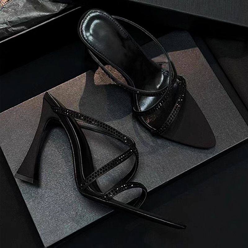 Spring And Summer French Sexy Royal Sister Rhinestone Open-toed With Sandals Pointed Heels High Heels Slippers Female Brown_vogvips.com
