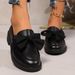 New Vintage Black Small Leather Shoes For Women With Chunky Heels And Platform Academy Bow Loafers_vogvips.com