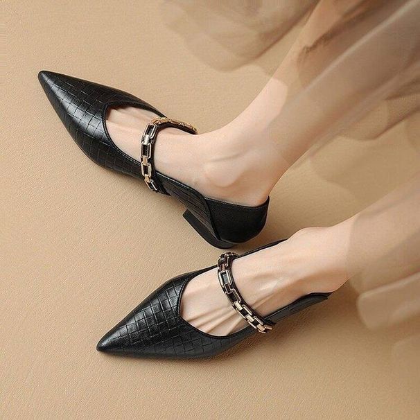 Belle Phoebe Pointed Toe Flats, French Flat Classic Shallow Mary Jane Shoes, New Metal Chain Leather Shoes_vogvips.com