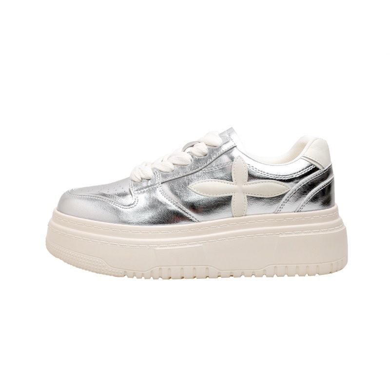 Women's Same Style Genuine Leather Thick Bottom Breathable White Shoes Round Toe Lace Up Casual Sneakers Women's Height Increasing Sports Shoes_vogvips.com