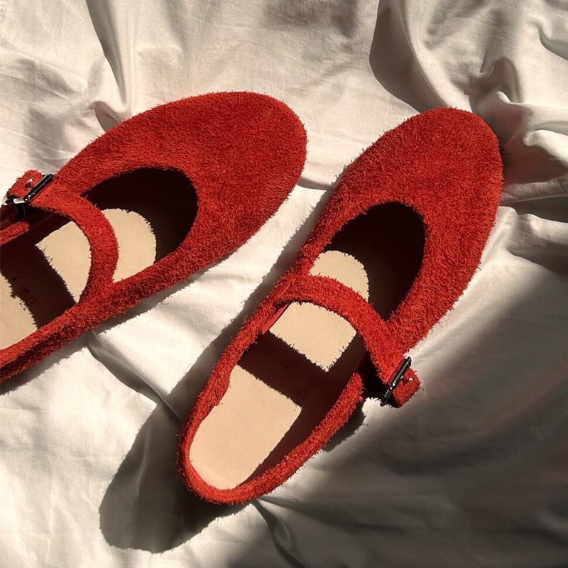 Cowhide Version Version Of Round Toe Mary Jane Shoes, Brushed Cowhide Shallow Mouth Flat Shoes, Red Single Shoes For Women_vogvips.com